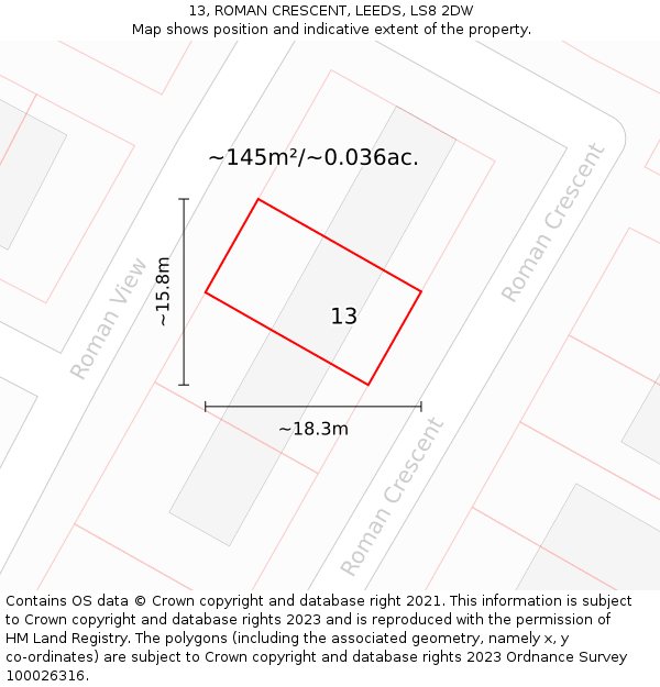 13, ROMAN CRESCENT, LEEDS, LS8 2DW: Plot and title map
