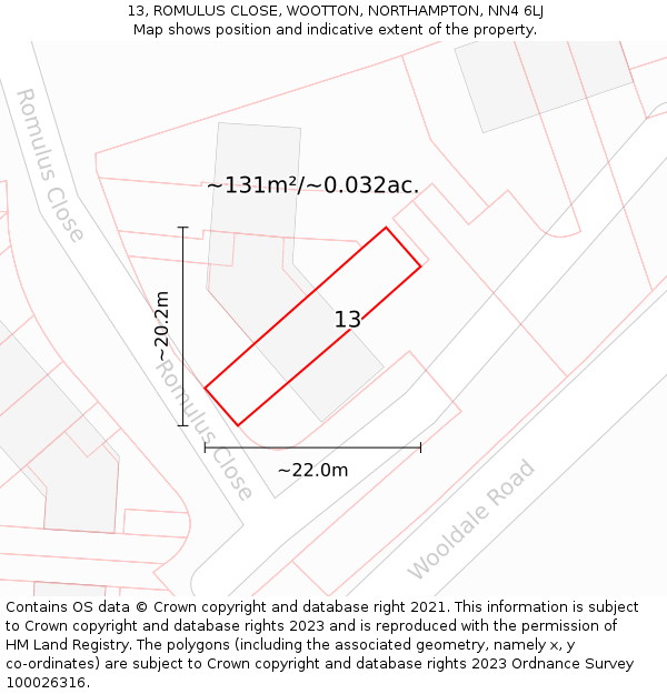 13, ROMULUS CLOSE, WOOTTON, NORTHAMPTON, NN4 6LJ: Plot and title map