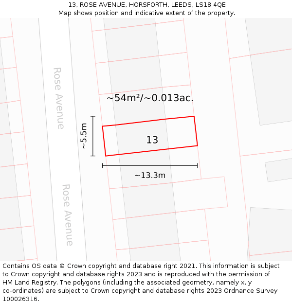 13, ROSE AVENUE, HORSFORTH, LEEDS, LS18 4QE: Plot and title map