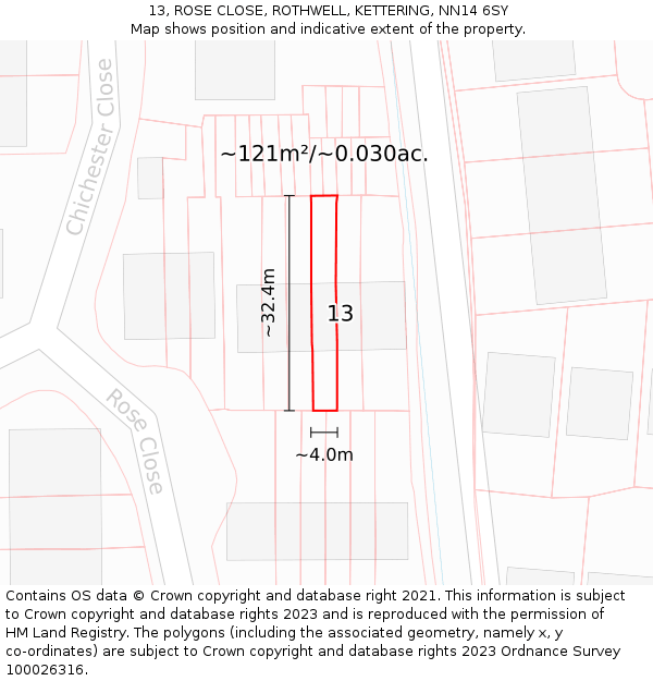 13, ROSE CLOSE, ROTHWELL, KETTERING, NN14 6SY: Plot and title map