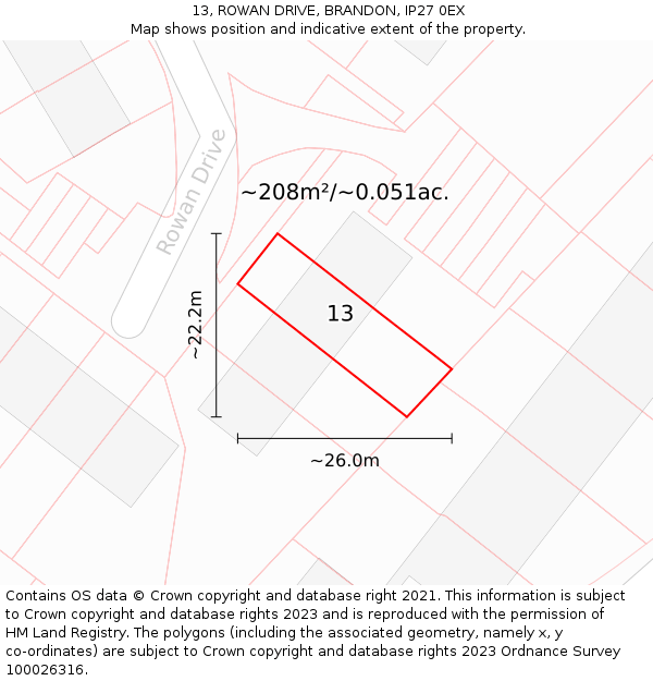 13, ROWAN DRIVE, BRANDON, IP27 0EX: Plot and title map