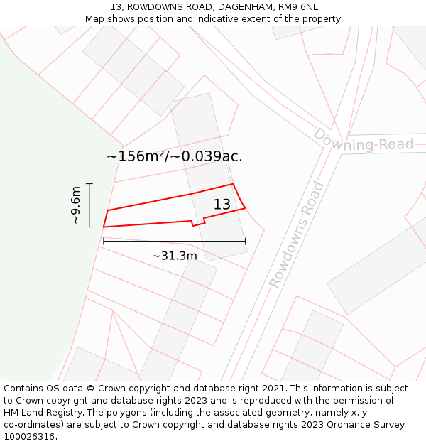 13, ROWDOWNS ROAD, DAGENHAM, RM9 6NL: Plot and title map