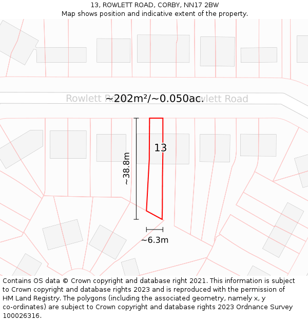 13, ROWLETT ROAD, CORBY, NN17 2BW: Plot and title map