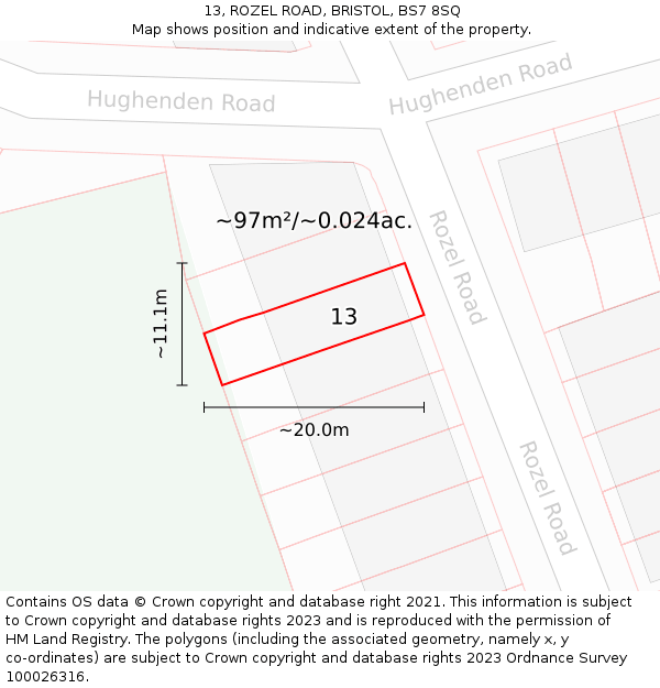 13, ROZEL ROAD, BRISTOL, BS7 8SQ: Plot and title map