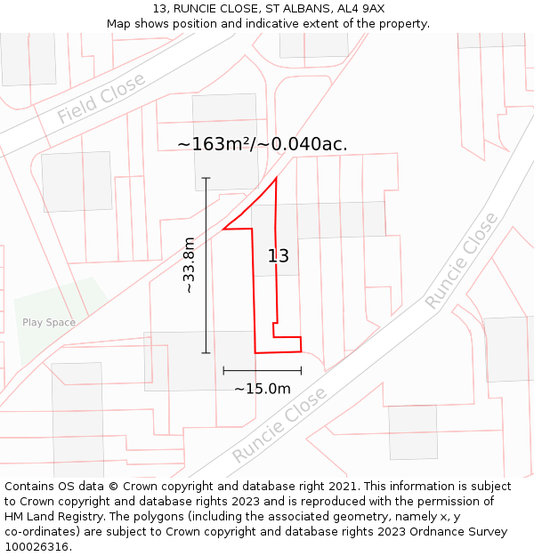 13, RUNCIE CLOSE, ST ALBANS, AL4 9AX: Plot and title map