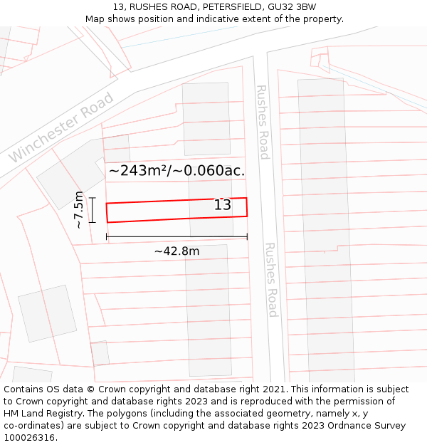 13, RUSHES ROAD, PETERSFIELD, GU32 3BW: Plot and title map