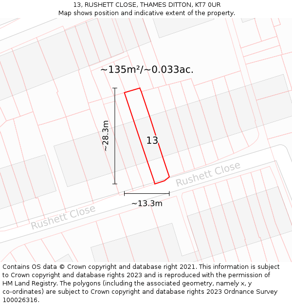 13, RUSHETT CLOSE, THAMES DITTON, KT7 0UR: Plot and title map