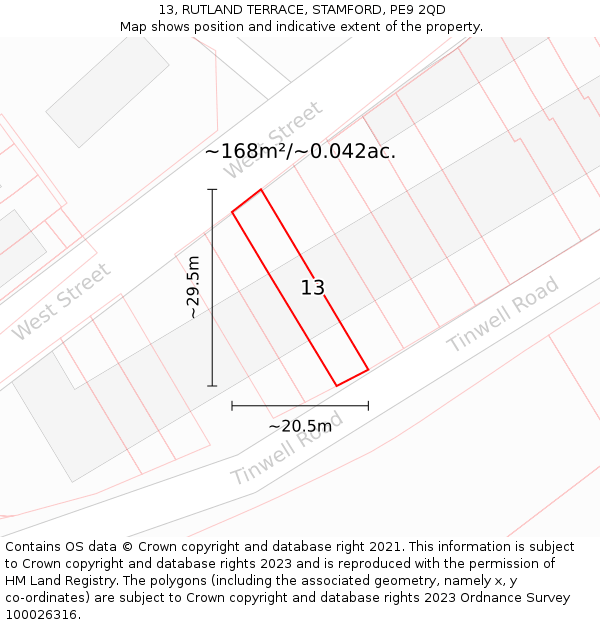 13, RUTLAND TERRACE, STAMFORD, PE9 2QD: Plot and title map