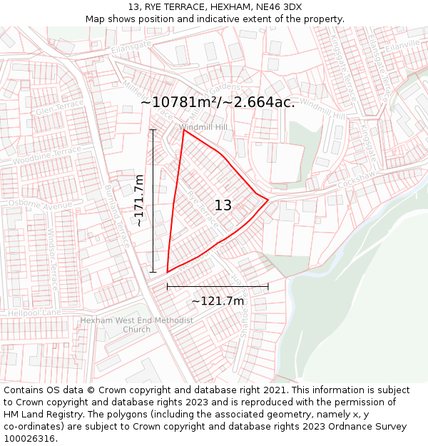 13, RYE TERRACE, HEXHAM, NE46 3DX: Plot and title map