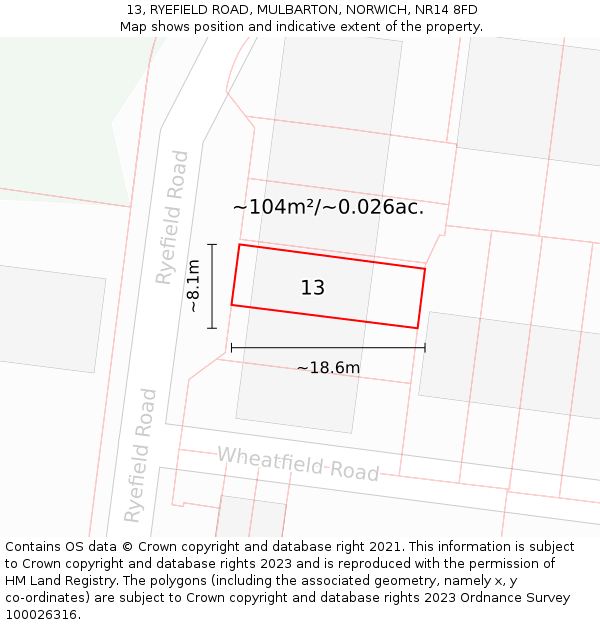 13, RYEFIELD ROAD, MULBARTON, NORWICH, NR14 8FD: Plot and title map