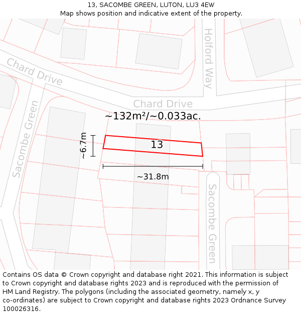 13, SACOMBE GREEN, LUTON, LU3 4EW: Plot and title map
