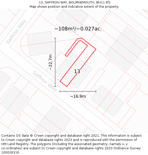 13, SAFFRON WAY, BOURNEMOUTH, BH11 8TJ: Plot and title map