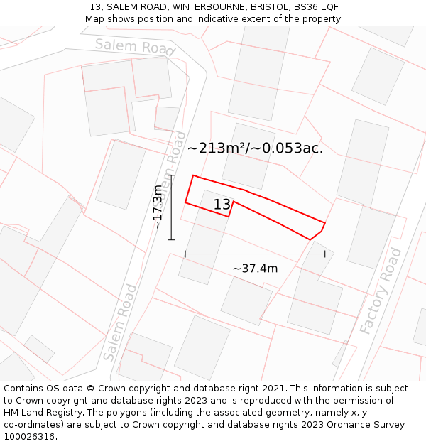 13, SALEM ROAD, WINTERBOURNE, BRISTOL, BS36 1QF: Plot and title map