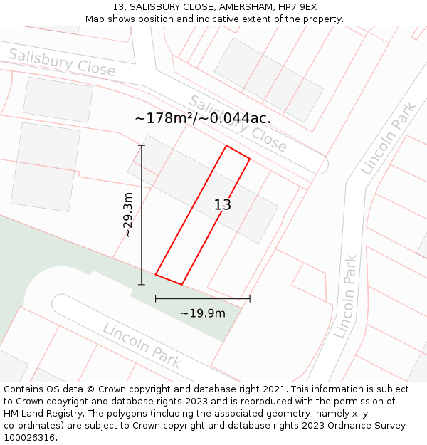 13, SALISBURY CLOSE, AMERSHAM, HP7 9EX: Plot and title map