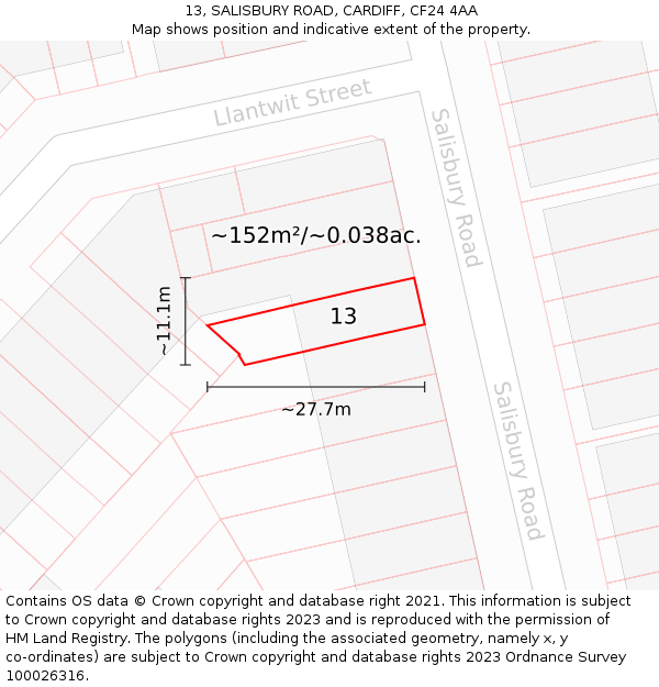13, SALISBURY ROAD, CARDIFF, CF24 4AA: Plot and title map