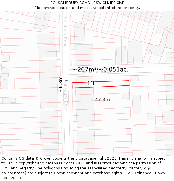 13, SALISBURY ROAD, IPSWICH, IP3 0NP: Plot and title map