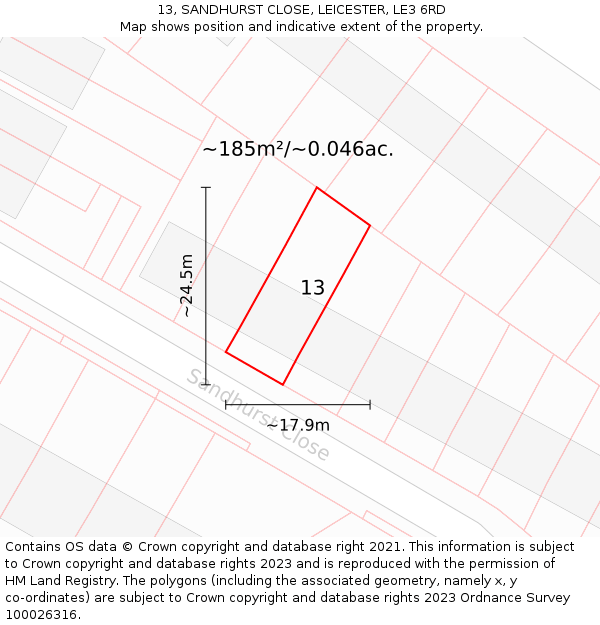 13, SANDHURST CLOSE, LEICESTER, LE3 6RD: Plot and title map