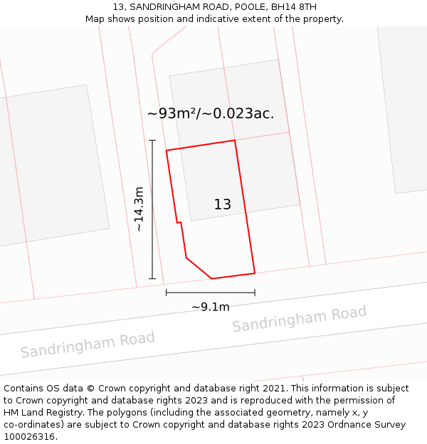 13, SANDRINGHAM ROAD, POOLE, BH14 8TH: Plot and title map