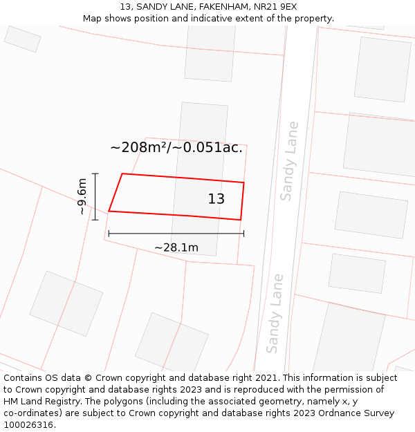 13, SANDY LANE, FAKENHAM, NR21 9EX: Plot and title map