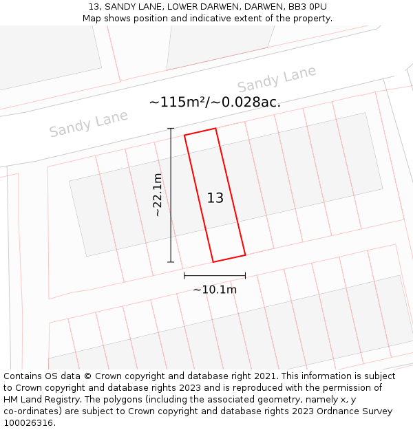 13, SANDY LANE, LOWER DARWEN, DARWEN, BB3 0PU: Plot and title map