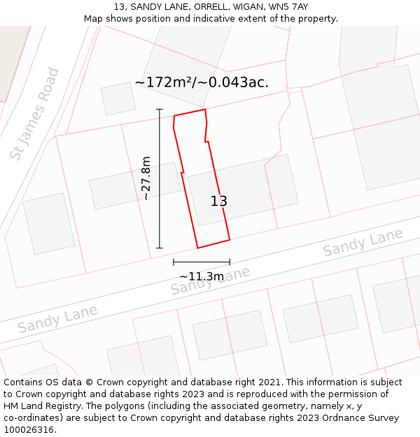 13, SANDY LANE, ORRELL, WIGAN, WN5 7AY: Plot and title map