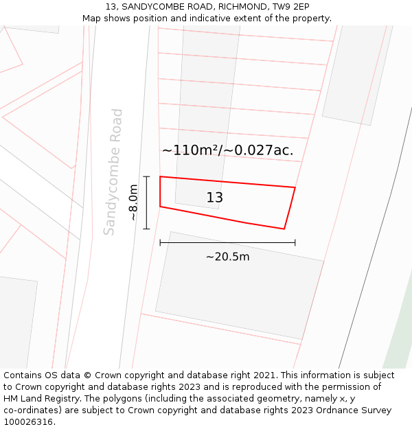 13, SANDYCOMBE ROAD, RICHMOND, TW9 2EP: Plot and title map