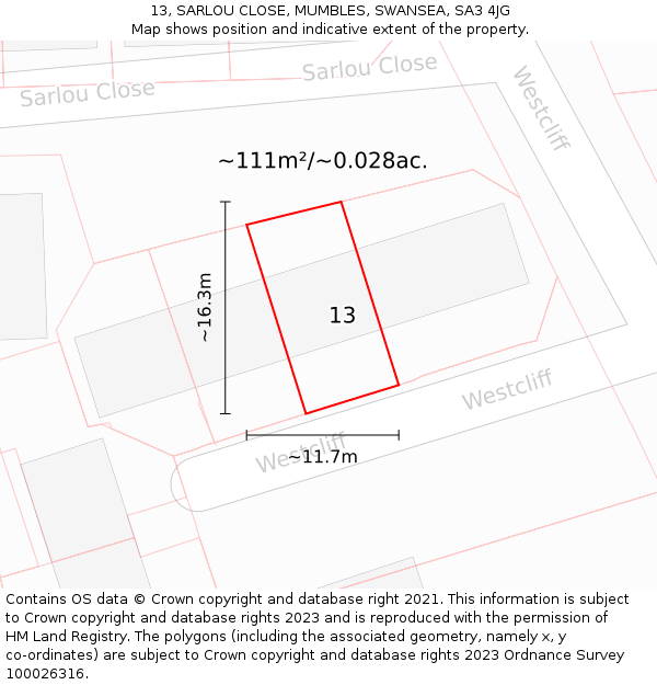 13, SARLOU CLOSE, MUMBLES, SWANSEA, SA3 4JG: Plot and title map