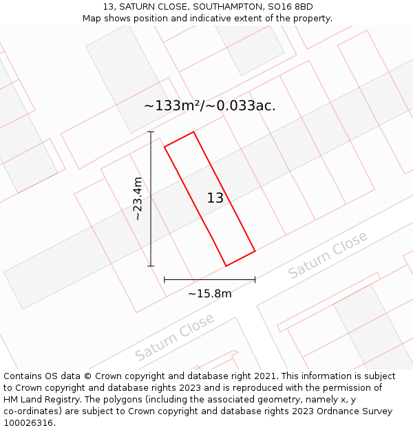 13, SATURN CLOSE, SOUTHAMPTON, SO16 8BD: Plot and title map