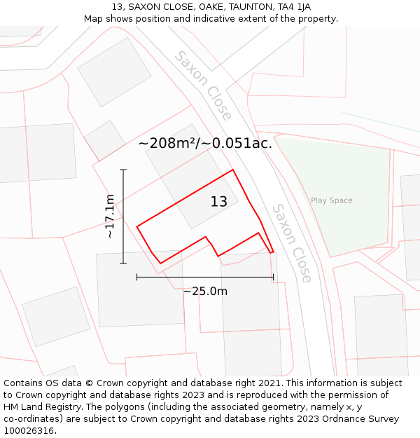 13, SAXON CLOSE, OAKE, TAUNTON, TA4 1JA: Plot and title map