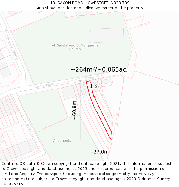 13, SAXON ROAD, LOWESTOFT, NR33 7BS: Plot and title map
