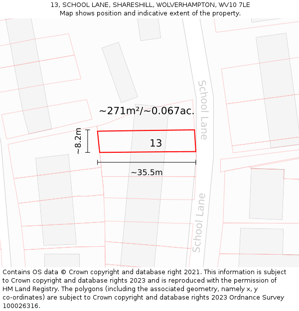 13, SCHOOL LANE, SHARESHILL, WOLVERHAMPTON, WV10 7LE: Plot and title map
