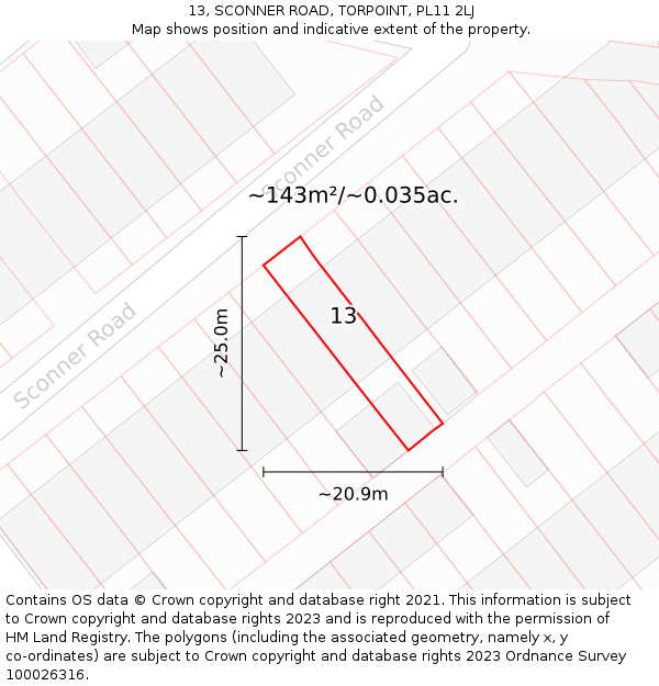 13, SCONNER ROAD, TORPOINT, PL11 2LJ: Plot and title map