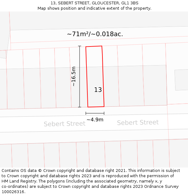 13, SEBERT STREET, GLOUCESTER, GL1 3BS: Plot and title map