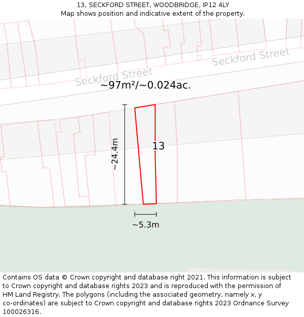 13, SECKFORD STREET, WOODBRIDGE, IP12 4LY: Plot and title map