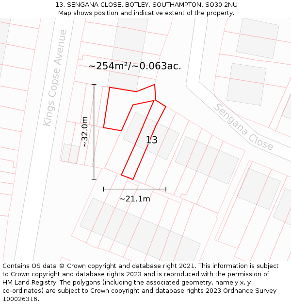 13, SENGANA CLOSE, BOTLEY, SOUTHAMPTON, SO30 2NU: Plot and title map