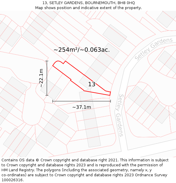 13, SETLEY GARDENS, BOURNEMOUTH, BH8 0HQ: Plot and title map