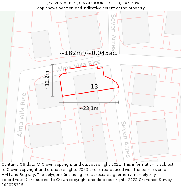 13, SEVEN ACRES, CRANBROOK, EXETER, EX5 7BW: Plot and title map
