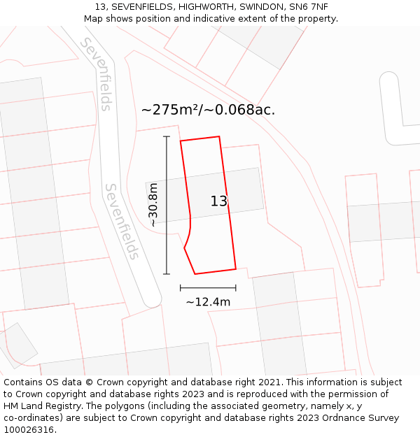13, SEVENFIELDS, HIGHWORTH, SWINDON, SN6 7NF: Plot and title map