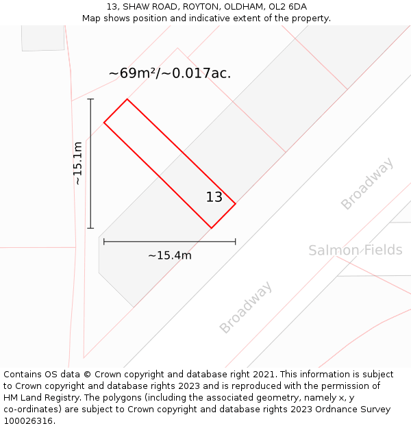 13, SHAW ROAD, ROYTON, OLDHAM, OL2 6DA: Plot and title map