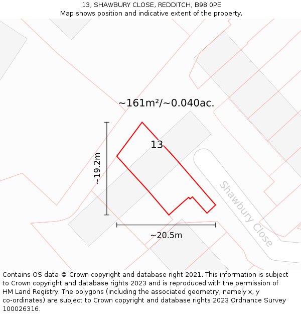 13, SHAWBURY CLOSE, REDDITCH, B98 0PE: Plot and title map