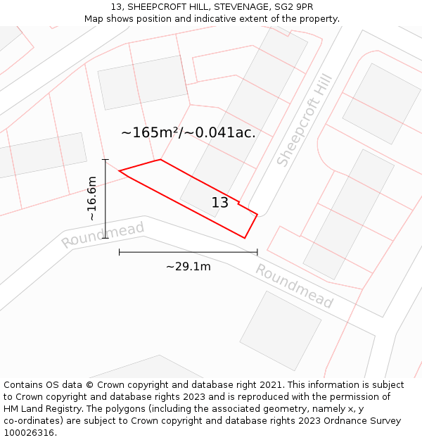 13, SHEEPCROFT HILL, STEVENAGE, SG2 9PR: Plot and title map