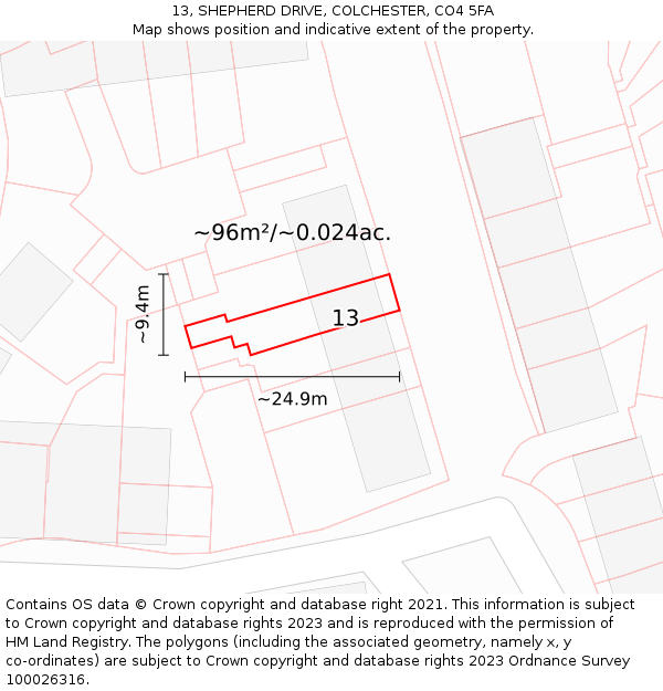 13, SHEPHERD DRIVE, COLCHESTER, CO4 5FA: Plot and title map