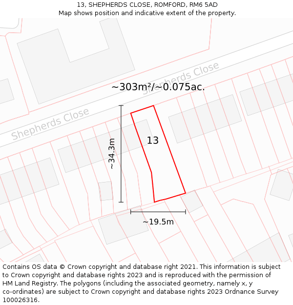 13, SHEPHERDS CLOSE, ROMFORD, RM6 5AD: Plot and title map
