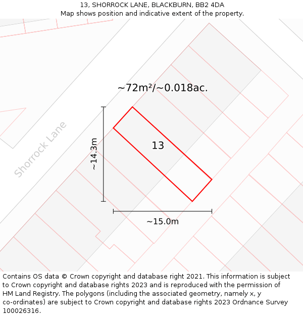 13, SHORROCK LANE, BLACKBURN, BB2 4DA: Plot and title map