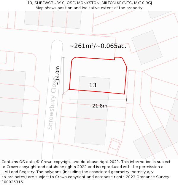 13, SHREWSBURY CLOSE, MONKSTON, MILTON KEYNES, MK10 9GJ: Plot and title map