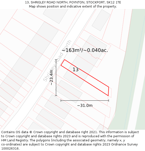 13, SHRIGLEY ROAD NORTH, POYNTON, STOCKPORT, SK12 1TE: Plot and title map