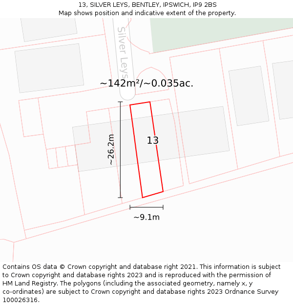 13, SILVER LEYS, BENTLEY, IPSWICH, IP9 2BS: Plot and title map
