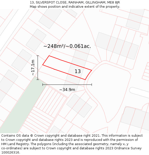 13, SILVERSPOT CLOSE, RAINHAM, GILLINGHAM, ME8 8JR: Plot and title map