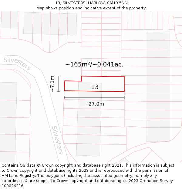 13, SILVESTERS, HARLOW, CM19 5NN: Plot and title map