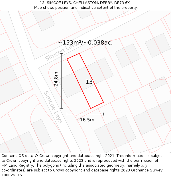 13, SIMCOE LEYS, CHELLASTON, DERBY, DE73 6XL: Plot and title map